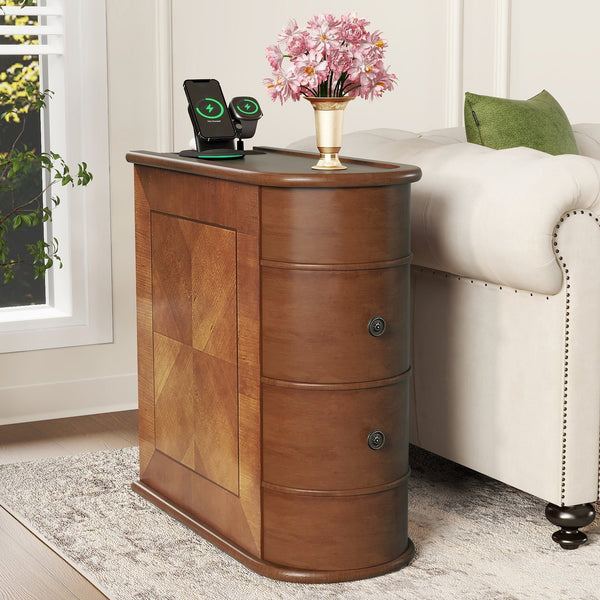 English Elm End Table With Built-In Charging Station & Storage Drawers - Fully Assembled, No Assembly Needed! W2593P289124