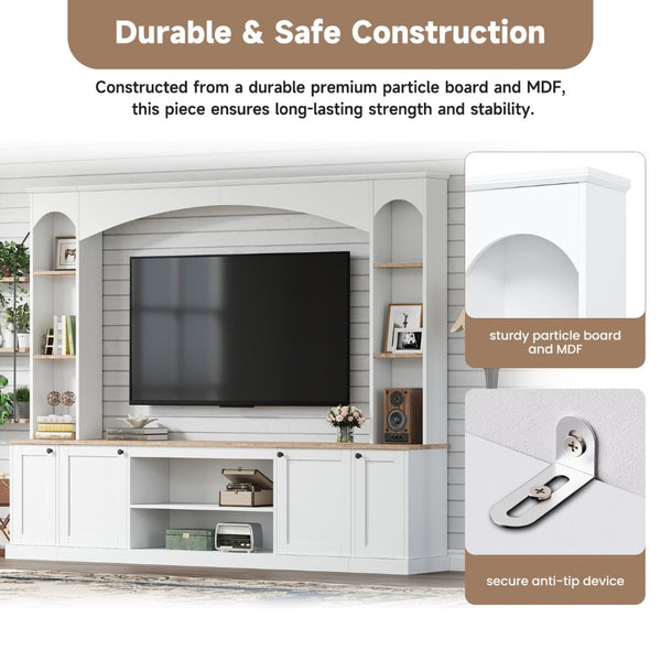 English Elm Arched Farmhouse Entertainment Center with Open Shelving for Living Room White N721S000063K