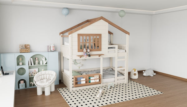 English Elm Full Bunk Bed with Trundle Bookshelf Storage Pine Frame Car Design for Kids W1580S00324