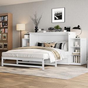 English Elm Queen Murphy Wall Bed with Open Shelves and Drawers for Guest or Office Rooms White W5316S00007