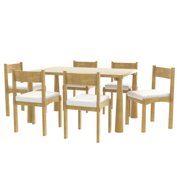 English Elm TREXM 7-Piece Retro Dining Set for 6 with Upholstered Chairs, Diagonal Wood Tabletop Design Natural Wood Wash ST000142AAD