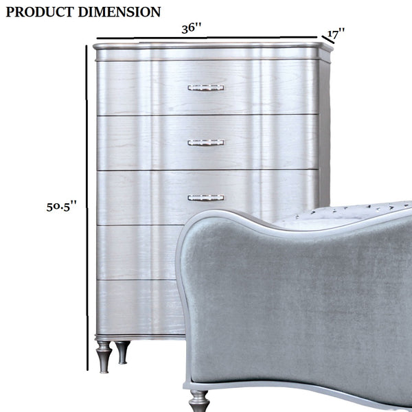 English Elm Silver Glam White Curved Chest 5-Drawer with Acrylic Crystal Handles, Turned Legs, Felt Lined Top B2741P372234