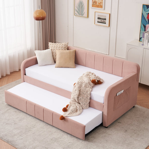 English Elm Twin Upholstered Daybed with Trundle Sofa Bed for Guest Room, Pine Wood Frame, Velvet Upholstery, Sturdy Slat Support and Full-Length Comfort Pink W1361S00023