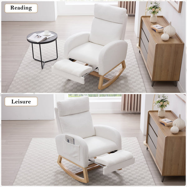 English Elm 015B-Teddy Rocking Chair with Plush Teddy Fabric, Ergonomic High Back, Adjustable Footstool, Pocket White W527P360693