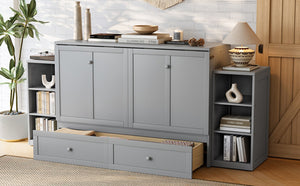 English Elm Queen Murphy Wall Bed with Open Shelves and Drawers for Guest or Office Rooms Light Gray W5316S00008
