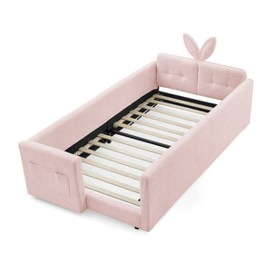 English Elm Twin Upholstered Platform Bed with Rabbit Ear Headboard, Safety Rail & Pocket, Bouclé Sofa Bed Design Pink W1413P307370