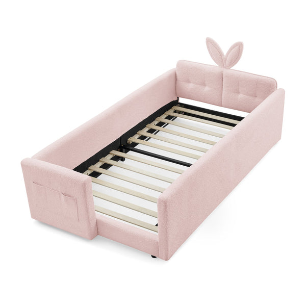 English Elm Twin Upholstered Platform Bed with Rabbit Ear Headboard, Safety Rail & Pocket, Bouclé Sofa Bed Design Pink W1413P307370