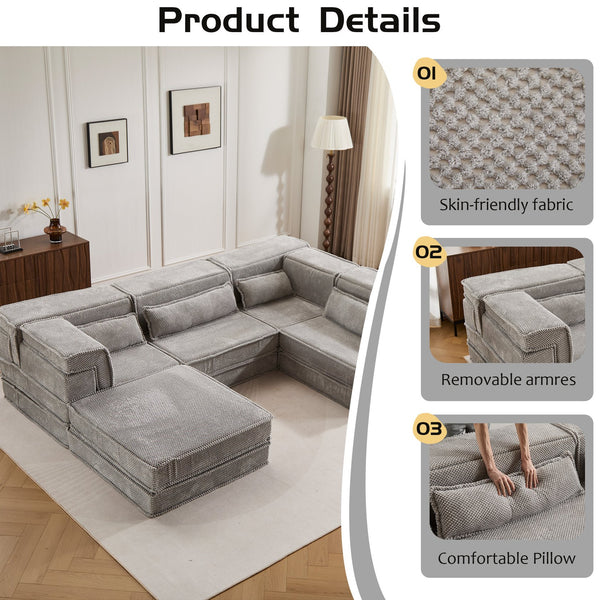 English Elm Compression Mahjong Sofa - Versatile Convertible Floor Seating With Ottoman, Pet-Friendly Fleece Fabric W3723S00036