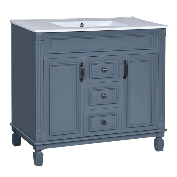 English Elm 36'' Bathroom Vanity with Sink and Mirror Cabinet, Modern MDF & Solid Wood Design, Ceramic Top, Soft-Close Doors Blue SW000115AAC-1