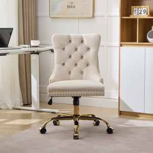 English Elm A&A Velvet Tufted Office Chair with Hand-Pulled Buttons, Nailhead Trim & Golden Metal Base, Luxe Comfort Beige W1143P292466