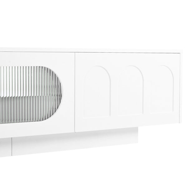 English Elm ON-TREND TV Stand with App-Controlled RGB LED, Fluted Tempered Glass Arched Doors, Sleek Media Console White WF531672AAK