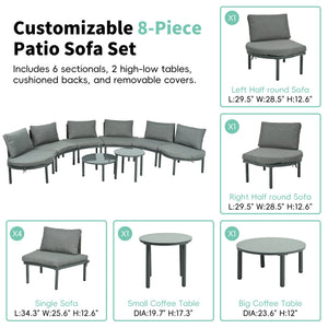 English Elm TOPMAX 8-Piece Patio Sofa Set with Modular Half-Moon Sectionals, Tempered Glass Tables, Cushioned Komfort Gray SP100029AAE