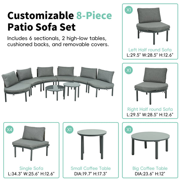 English Elm TOPMAX 8-Piece Patio Sofa Set with Modular Half-Moon Sectionals, Tempered Glass Tables, Cushioned Komfort Gray SP100029AAE