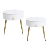 English Elm Φ19.6'' Easy Assembly End Tables With High Gloss Faux Marble Tabletops, Set Of 2, Modern Fluted 2 Side Tables With Drawers, Round Coffee Tables With Golden Legs For Living Room, White