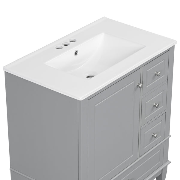 English Elm Christopher Knight Home® - 30" Freestanding Bathroom Vanity with Ceramic Sink, Soft-Close Door, Gold Knobs & 3 Drawers, Durable Painted Finish Grey N759P225994E