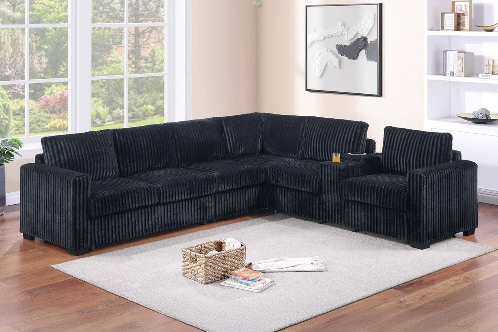 English Elm Modern Corduroy L-shaped Sectional with Usb Charging Console Cup Holders Living Room Black B011S02208