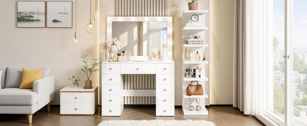 English Elm Vanity Desk Hollywood Led Mirror 11 Drawers 7 Tier Shelving White Glam Mdf N704G202309K