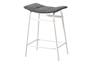 English Elm Barstool, Set of 2 Counter Height Grey Fabric Saddle Seats with White Metal Legs, Backless Comfort B2710P287024