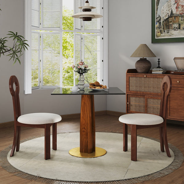 English Elm Modern Square Dining Table, 33.5" Glass Top With Wooden Legs & Gold Base - Stylish, Space-Saving Design W1535S00605