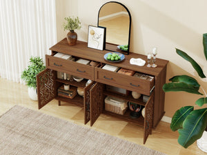 English Elm 4 Door Sideboard Buffet with Hand Carved Geometric Panels Black Oak Finish Raised Legs W688P359947