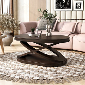 English Elm 44 Inch Oval Coffee Table with X-Base, 2.6" Thick Solid Wood Veneer Top, Rounded Corners, 132lb Capacity Espresso W1202P289358