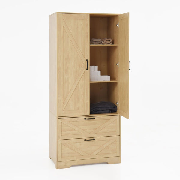 English Elm 2 Door Wardrobe Closet with Full Length Mirror Motion Light Hanging Rod and Drawers Natural W409P266780