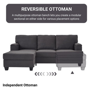 English Elm 86" Linen Sectional Sofa with Storage Ottoman Reversible Chaise for Small Spaces Dark Gray W1669S00038