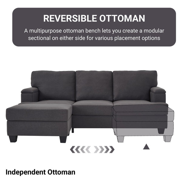 English Elm 86" Linen Sectional Sofa with Storage Ottoman Reversible Chaise for Small Spaces Dark Gray W1669S00038