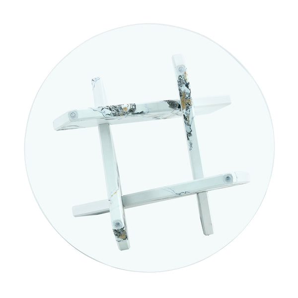 English Elm Round glass coffee table with 33.4" tempered top, white patterned MDF legs, sturdy 130lb capacity modern centerpiece W1512P395025