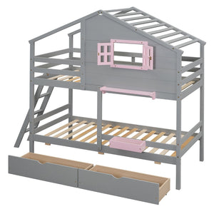 English Elm Twin Playhouse Bunk Bed Pinewood Frame with Pitched Roof Window Shelf and Storage Drawers Gray LT001608AAE-1