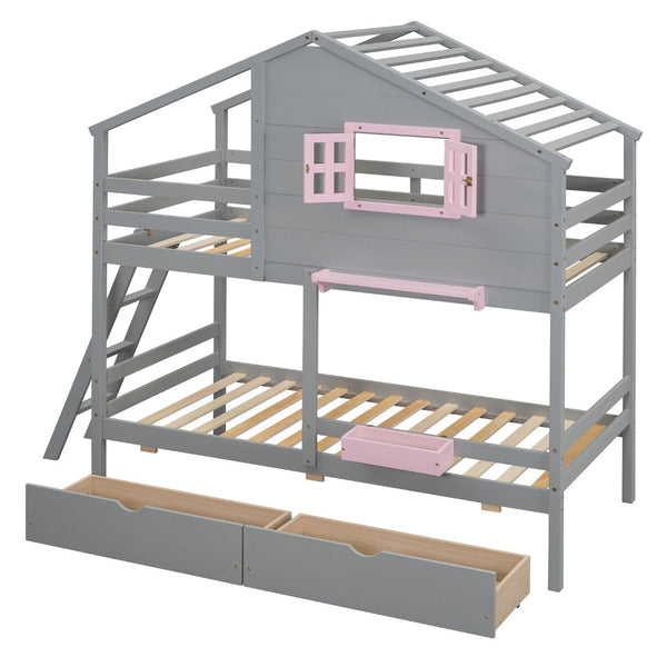 English Elm Twin Playhouse Bunk Bed Pinewood Frame with Pitched Roof Window Shelf and Storage Drawers Gray LT001608AAE-1