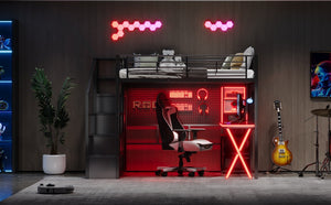 English Elm Full Full Size Metal Loft Bed with Built-In Desk, Wardrobe & Stair Storage, LED Lights, Space-Saving Black GX000663AAB