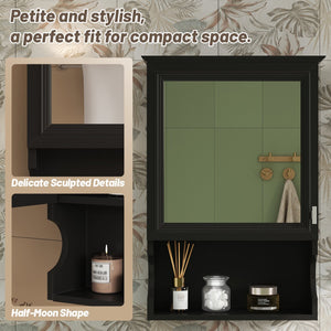 English Elm 20'' Half-Moon Wall Medicine Cabinet with Mirror, Solid Wood Frame, Soft-Close Hinges, Space-Saving Elegance Black N710P313827B
