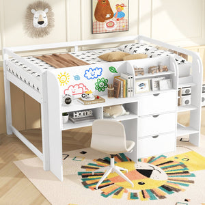 English Elm Full Size Low Loft Bed With Desk, Storage Solutions & Whiteboard For Creative Learning – White Finish N7090005005K
