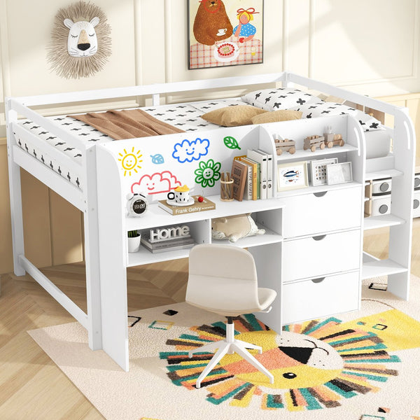 English Elm Full Size Low Loft Bed With Desk, Storage Solutions & Whiteboard For Creative Learning – White Finish N7090005005K