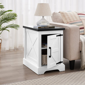 English Elm Farmhouse Rustic End Table with Barn Door Concealed Storage, Metal Handle, Retro Decor, Sturdy Base White+Black W2275P192793