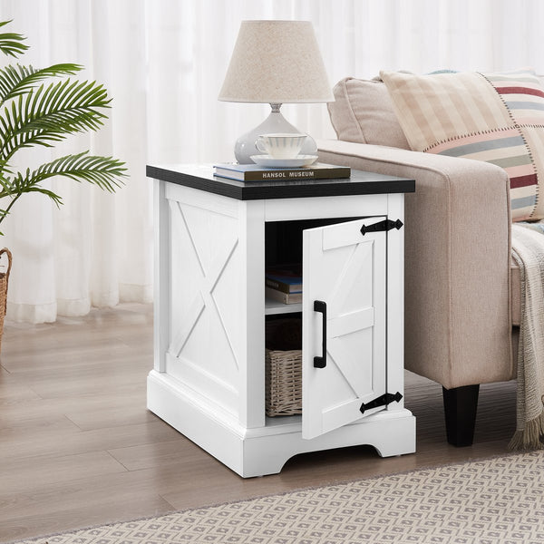 English Elm Farmhouse Rustic End Table with Barn Door Concealed Storage, Metal Handle, Retro Decor, Sturdy Base White+Black W2275P192793