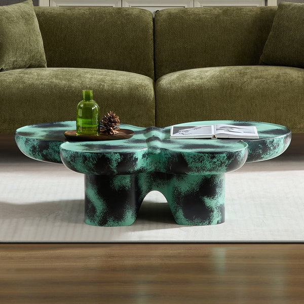 English Elm Modern Butterfly Coffee Table Faux Travertine Fiberglass Accent Table Matte Textured Sculptural Design Green W2085S00073