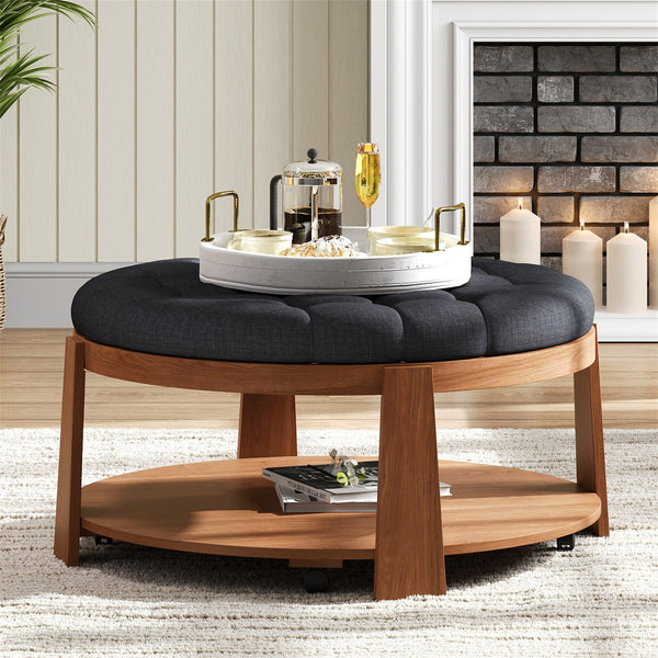 English Elm Modern Round Oversized Ottoman Coffee Table with Button Tufting, Waterproof Linen, Wheels & Lower Wood Shelf for Storage and Seating Black+Brown N735P180224B