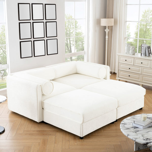 English Elm Stylish White Chenille Loveseat With Ottoman Storage, Ergonomic Backrest & Modular Design For Comfort W714S01036-GIGA