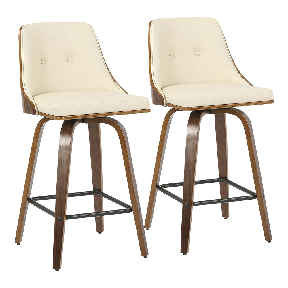 English Elm Gianna 26" Mid-Century Counter Stool Set of 2 in Walnut & Cream Faux Leather, Swivel, Tufted B202S00296