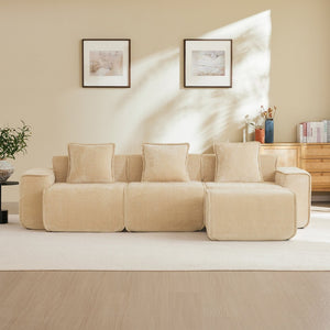 English Elm Streamlined Velvet L-shaped Sectional Sofa with Ottoman and Cloud Cushion Living Room Light Camel W3041S00352