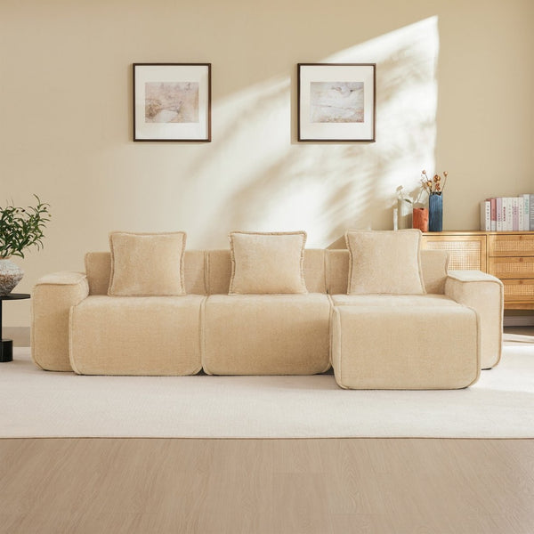 English Elm Streamlined Velvet L-shaped Sectional Sofa with Ottoman and Cloud Cushion Living Room Light Camel W3041S00352
