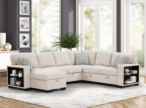 English Elm Cairo Modern Sectional With Pullout Sleeper, Storage, Bookcase Armrests & Usb Charging In Beige P1 B009S01662-GIGA