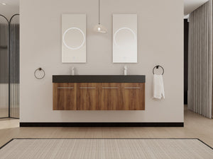 English Elm 60 Inch Wall-Mounted Bathroom Vanity With Double Black Resin Sink For Modern Elegance & Functionality W999S00251