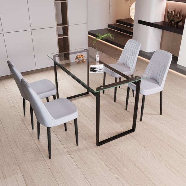 English Elm 51" Tempered Glass Rectangular Dining Set Seats Four with Pu Cushioned Chairs W3732S00018
