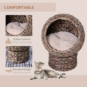 English Elm PawHut Elevated Handwoven Cat Bed with Plush Cushion, Egg-Shaped Cozy Hideaway on Stand for Cats Gray W2225P173748