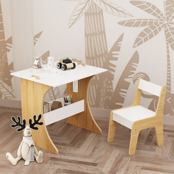 English Elm Kids Multifunctional Table Set with Chair, Convertible MDF Top for Study Drawing Play, White Natural Finish W808P293817