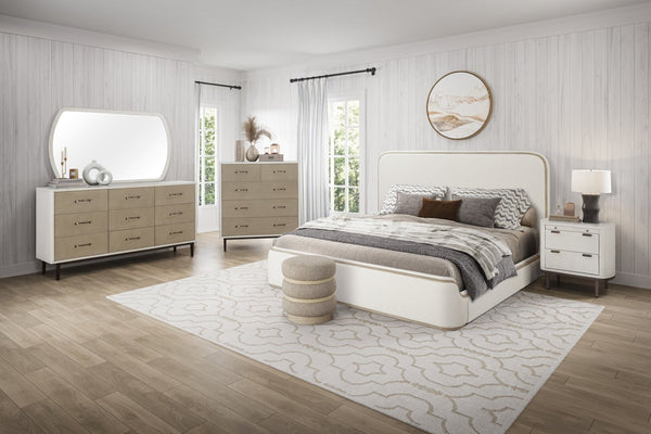 English Elm Queen Upholstered Bed Rounded Headboard Tailored Trim Low Profile Neutral Fabric Frame B2699S00080