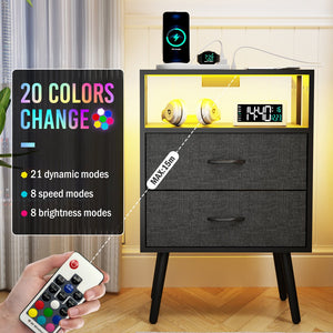 English Elm 2 Pack Modern Nightstand With Charging Station & Led Light - Stylish Bedside Tables With Fabric Drawers W1550P272496